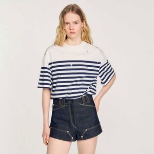 NEW SANDRO Sailor rhinestone-detailed T-shirt SMALL blue and white stripes